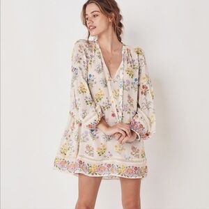 Spell & The Gypsy Gardinia Print Long Sleeve Posy Mini Dress Cream Multi Sm